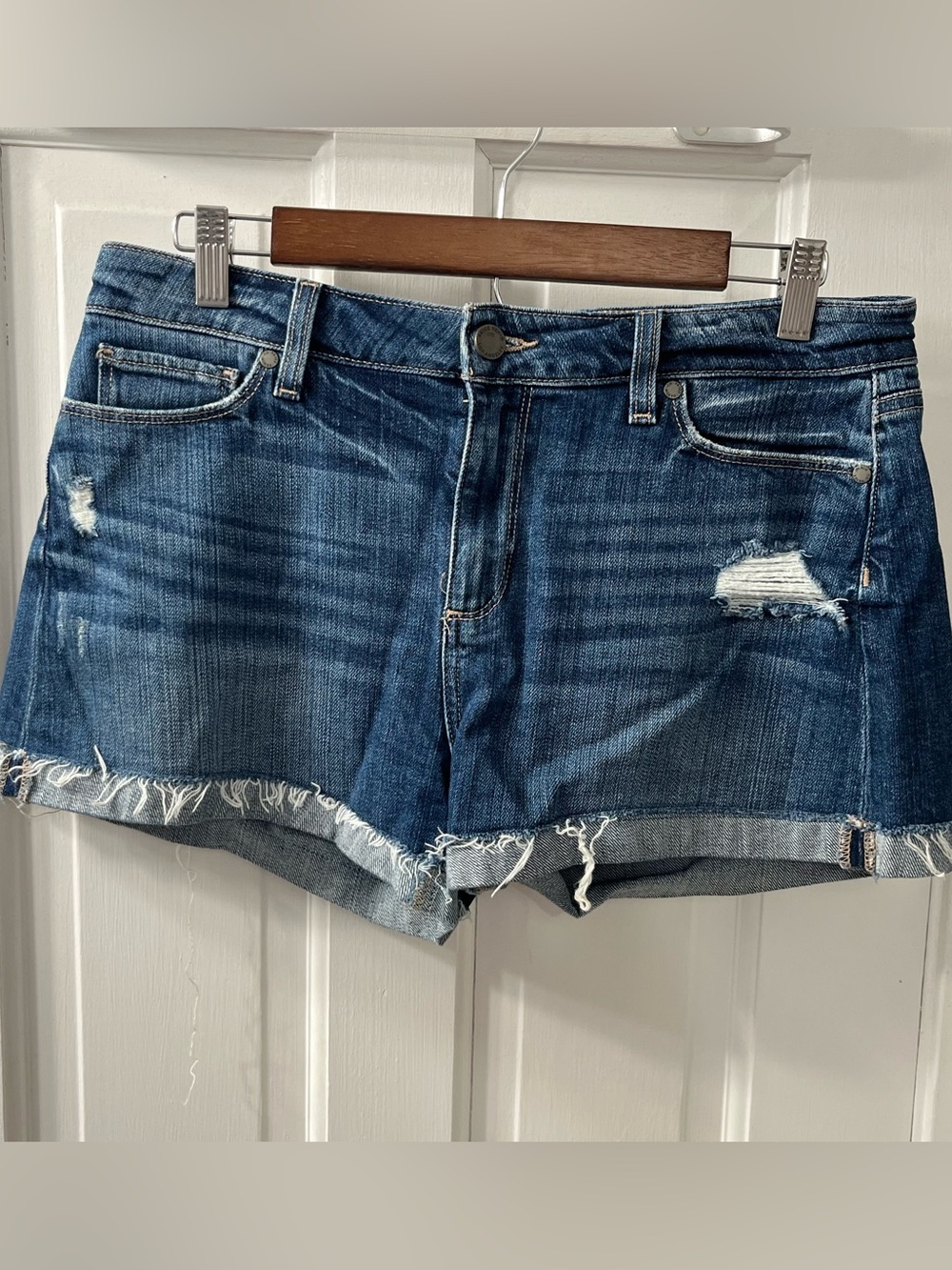 PAIGE Jimmy Jimmy  Dark Blue Distressed Denim Shorts. Size 29